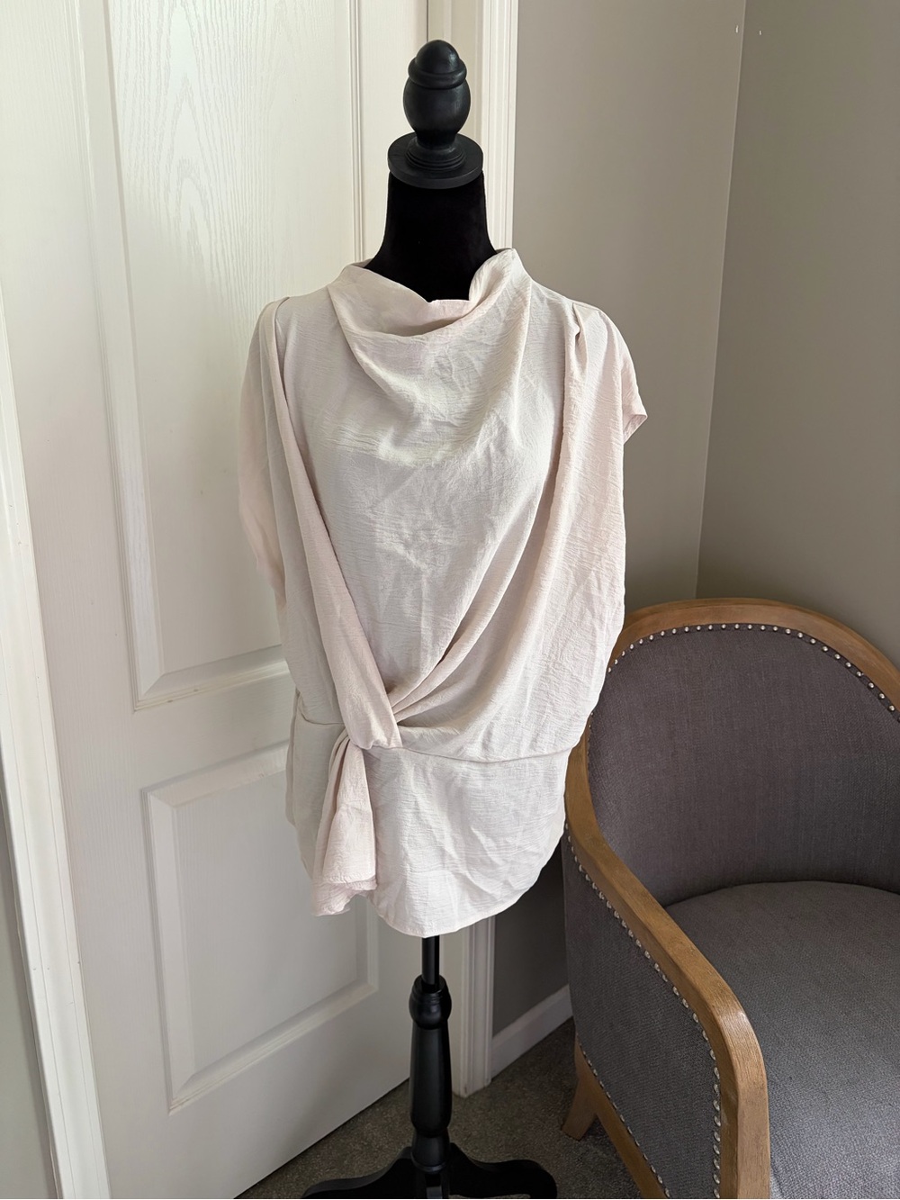 Boohoo Soft Cream Draped Knot-Front Blouse